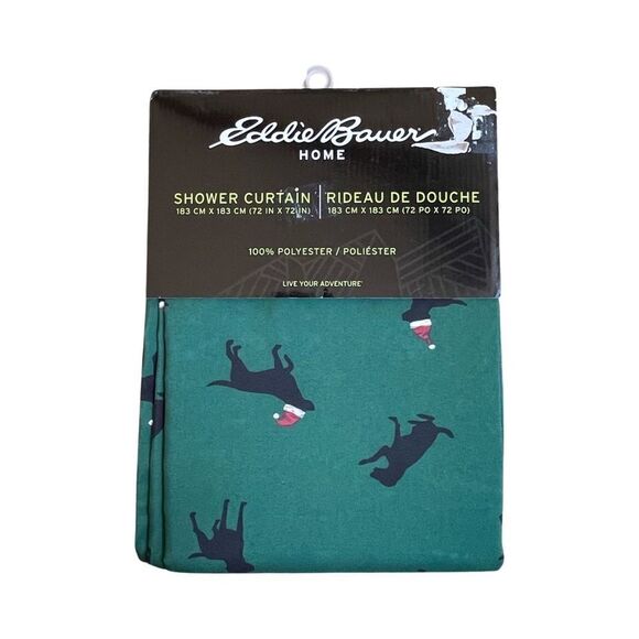 Eddie Bauer Black Lab Shower Curtain Hunter Green Multi Winter Dog 72” x 72” NWT - Picture 3 of 5